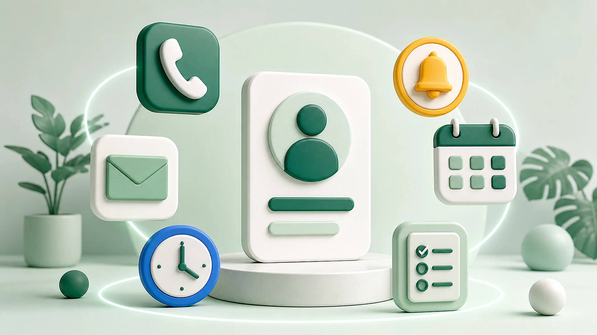 Contact follow-up workspace with calls, email, reminders, calendar and task checklist