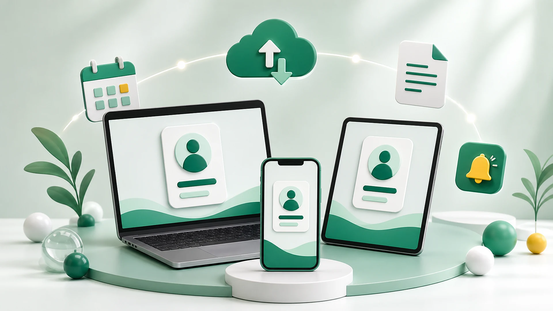Contact workspace synced across laptop, phone and tablet with cloud, documents, calendar and reminders